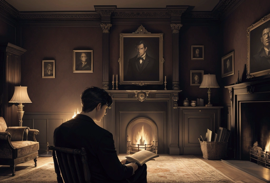 masterpiece, Best quality, official art, 8k wallpaper, Very detailed, 1 man, at home in the evening reading a book in front of the fireplace, Horror Stories, tense facial expression, human shadows are visible on the wall, who stretch their hands to a man behind his back, Cinematic effect, book illustration