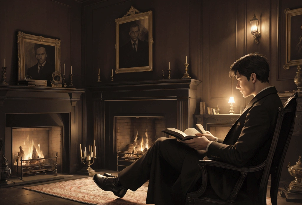 masterpiece, Best quality, official art, 8k wallpaper, Very detailed, 1 man, at home in the evening reading a book in front of the fireplace, Horror Stories, tense facial expression, human shadows are visible on the wall, who stretch their hands to a man behind his back, Cinematic effect, book illustration
