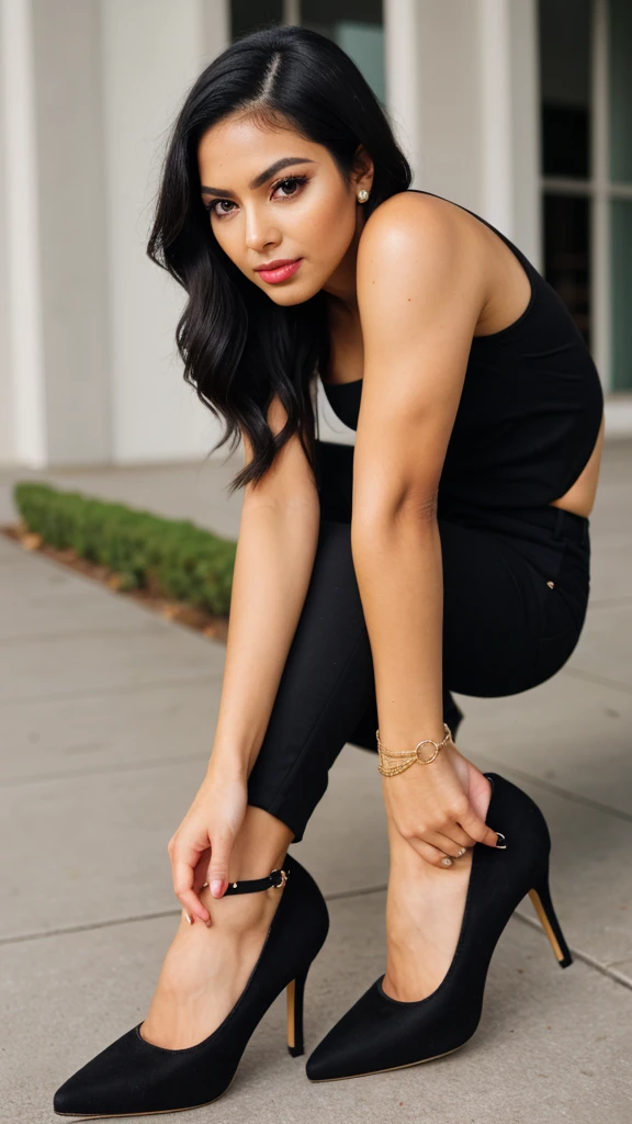 black hair, black business pants, heels, show heels, pretty face, piel morena, thin eyebrows
