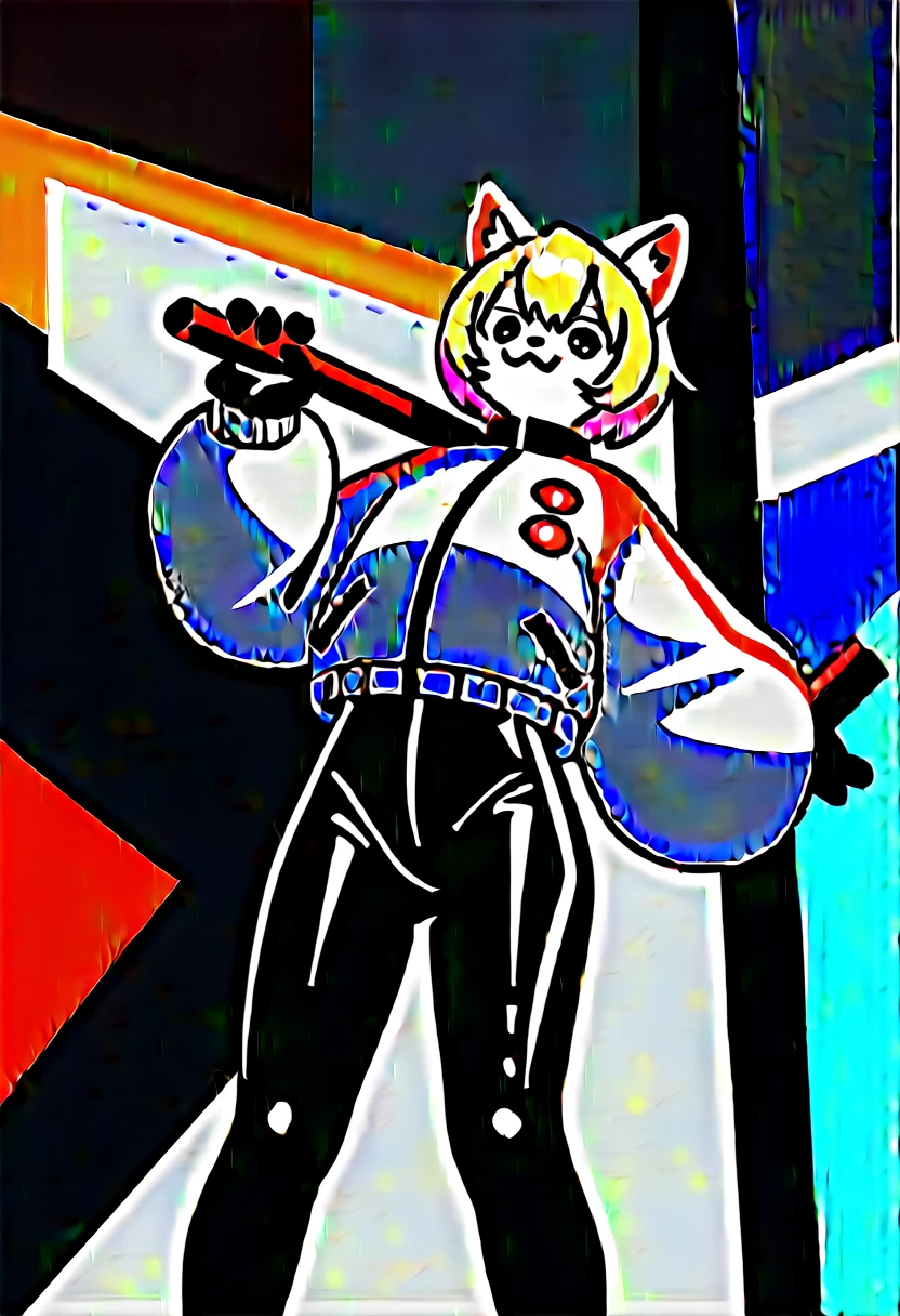 animation, Highest quality, Highest quality, High quality illustrations, masterpiece, Ultra-high resolution, Detailed Background, cyber cafe, Graffiti art on the wall, Absurd, Perfect Anatomy, performance, Good lighting, Shadows in the movies(kemono, Furry PersonifiCation), Cat, Blueskin, Red Rubber Suit, latex, neon, neonライト, neonカラー, Racing Suits, Cyber Suit, White Leather Half Jacket, cyber punk, Have a bottle