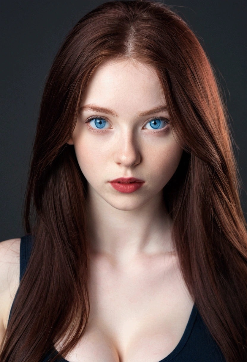 (masterpiece),(best quality:1.0), (ultra highres,), detailed,1girl, 18 years old, face and bust portrait,dark red hair, long hair, straight hair, blue eyes, pale skin, bold lips, looking at viewer, big breasts,black cami top, cleavage, 