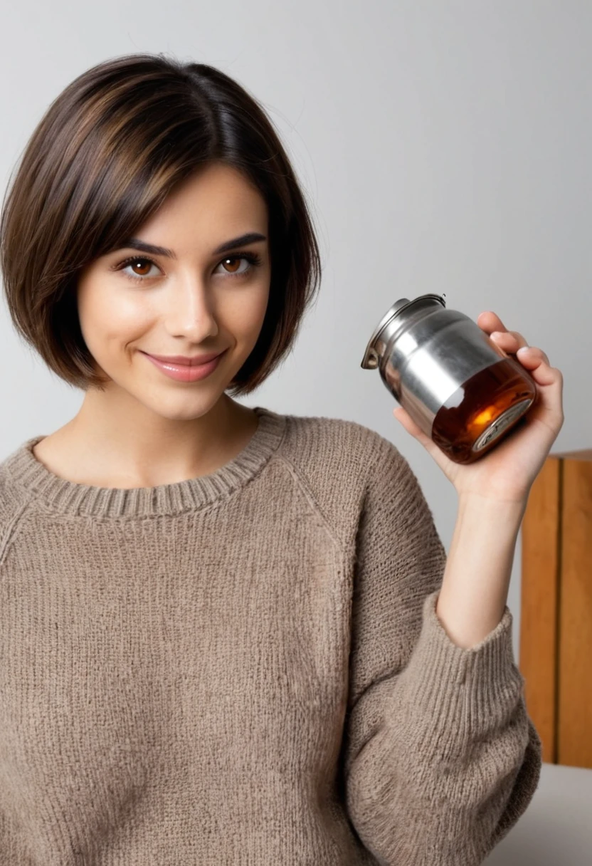 girl 30 years old, medium build brunette, high, Bob haircut, Hair straight. The face is oval, elongated, prominent lower cheekbones, narrow lips, big brown eyes , rounded chin, smiling. Dressed in jeans and a sweater, He holds a metal opaque flask in his hands..