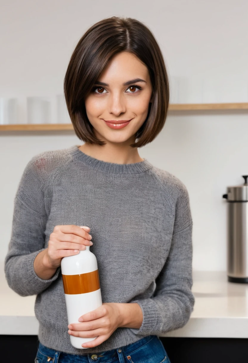 girl 30 years old, medium build brunette, high, Bob haircut, Hair straight. The face is oval, elongated, prominent lower cheekbones, narrow lips, big brown eyes , rounded chin, smiling. Dressed in jeans and a sweater, He holds a metal opaque flask in his hands..