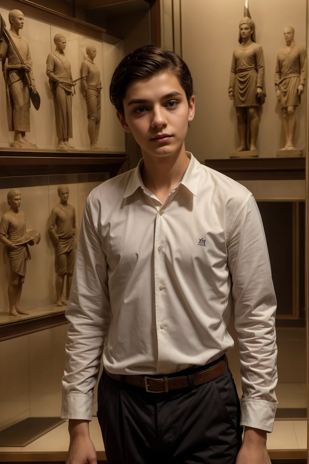 A young male twink with a make-up face and black hair. He is wearing a white long-sleeved shirt and brown pants. He is in the Museum of Historical Antiquities, and behind him are military tools such as a sword, spear, shield, and others, and he looks on proudly.