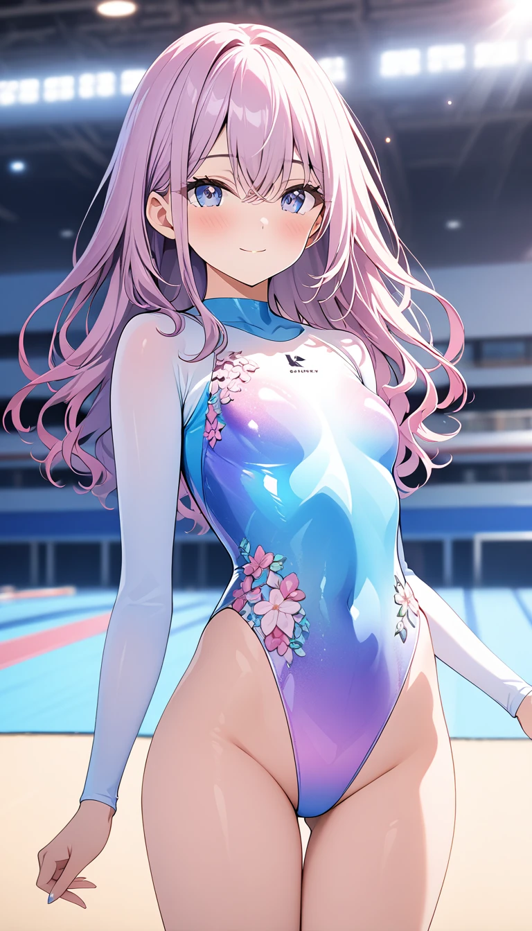 highquality illustration, masterpiece, very delicate and beautiful, attractive girl,(gymnastics leotard, Floral patterns leotard,long sleeve leotard with glittery decoration,high_leg leotard,athletic leotard,tight-fit leotard,iridescent gradient leotard,long-sleeve leotard),thin,slender body,slim,high school,gymnasium background,gymnastics club,gymnastics athlete,princess, beautiful eyes,light smile,(masterpiece, best quality:1.2), highres, extremely detailed CG unity 8k wallpaper, perfect lighting, Colourful, ultra-high res,4K,ultra-detailed, photography, 8K, HDR, 17 ages,cowboy shot,