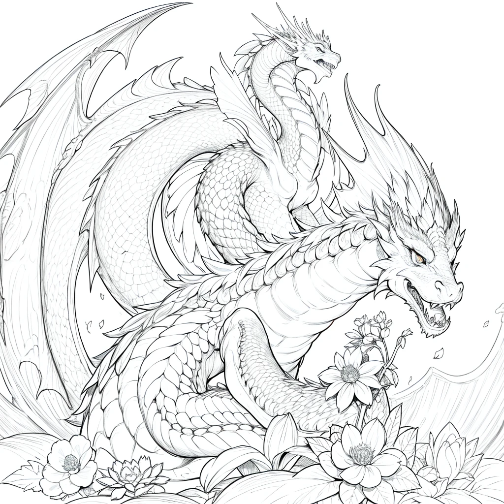 masterpiece, Top-class,only, Dragon Cute , flower Line art background, White Background, Monochrome, Line art, ((sketch)), spooky, White eyes,