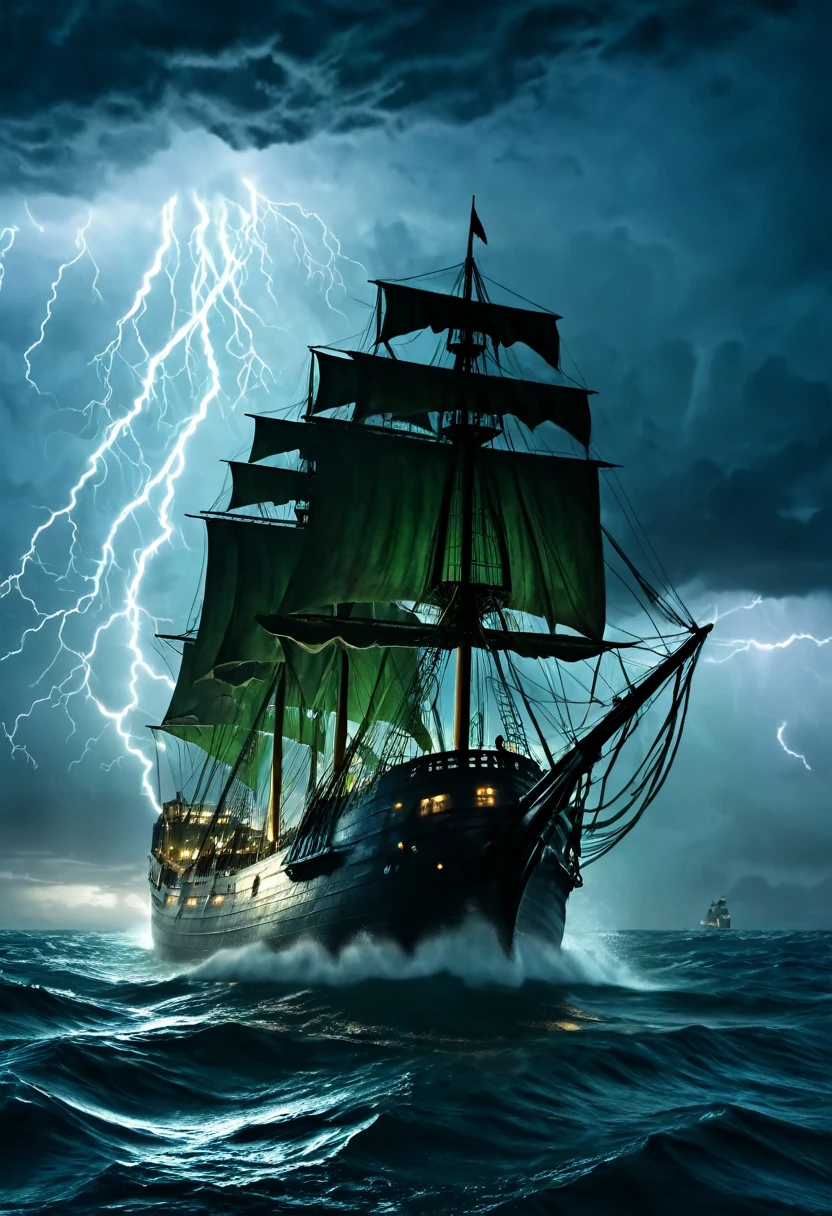 A ship on the high seas, sailing on a dark night with a storm with lightning and thunder and in the background the silhouette of the Cthulhu monster is reflected