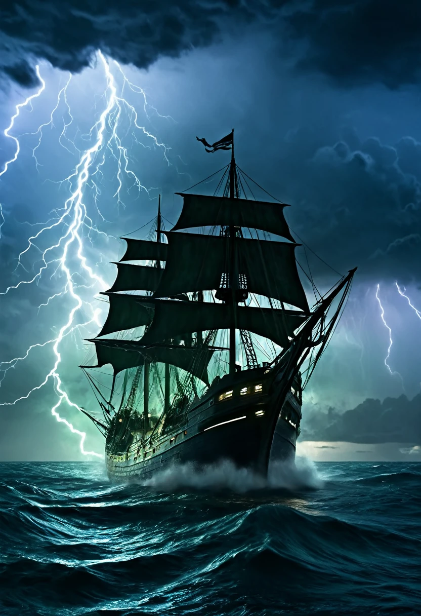 A ship on the high seas, sailing on a dark night with a storm with lightning and thunder and in the background the silhouette of the Cthulhu monster is reflected