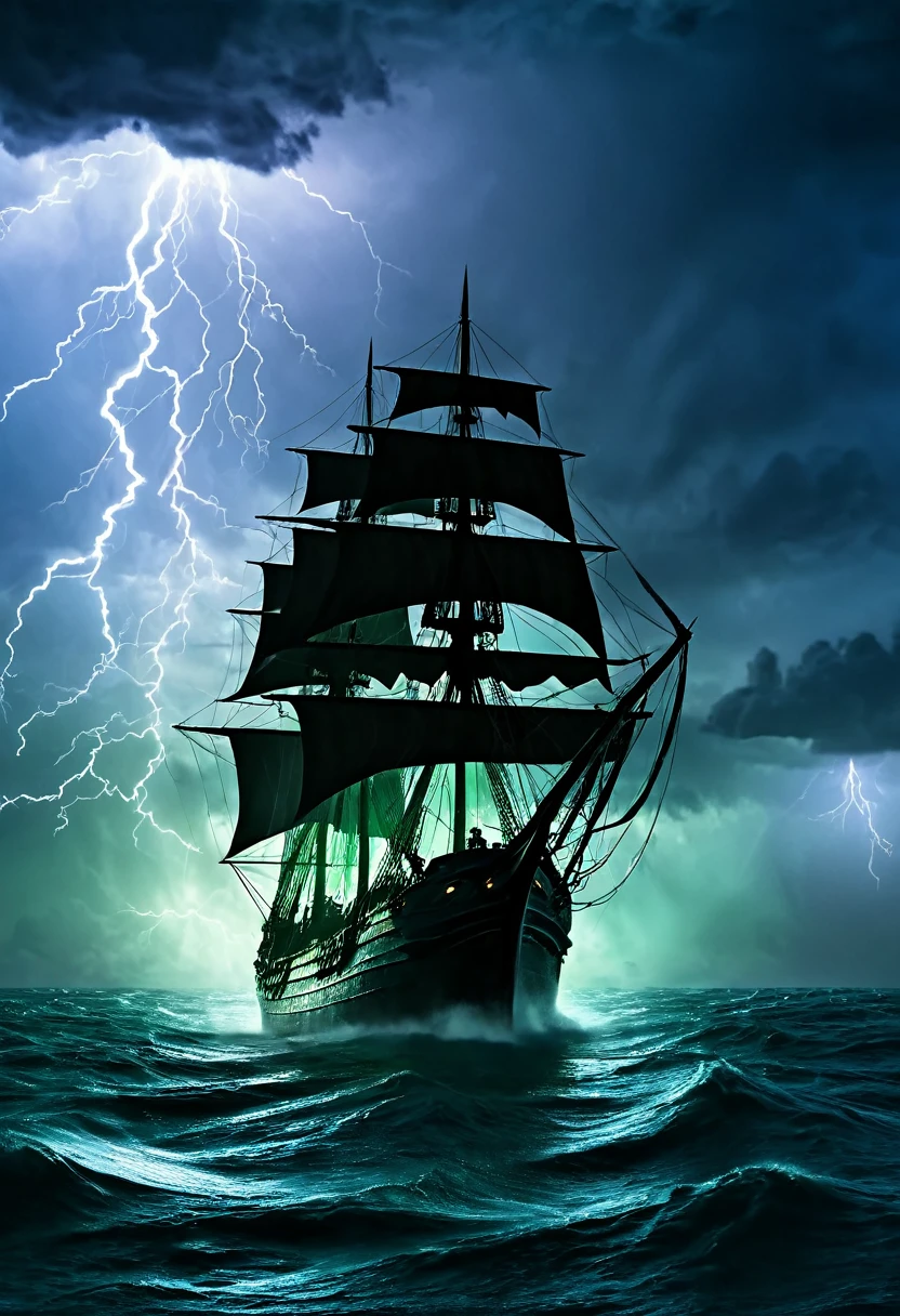 A ship on the high seas, sailing on a dark night with a storm with lightning and thunder and in the background the silhouette of the Cthulhu monster is reflected