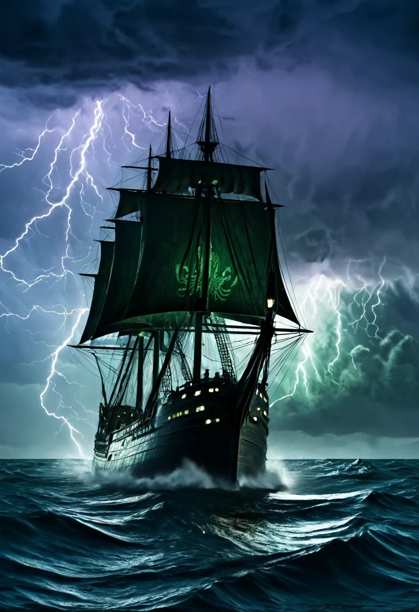 A ship on the high seas, sailing on a dark night with a storm with lightning and thunder and in the background the silhouette of the Cthulhu monster is reflected