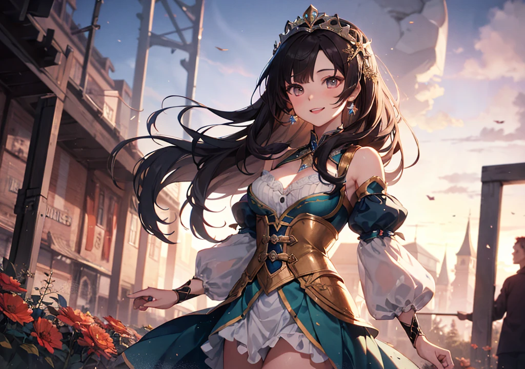 Realistic photos, Focus distance 10mm, Red and white, A big smile, Beautiful girl, Realistic photos, Focus distance 10mmで撮影, masterpiece, 最high quality, high quality, Very detailed CG 8k wallpaper unit, Award-winning photography,  Depth of written boundary, High resolution, bloom, chromatic aberration, Realistic, Very detailed, Art Station Trends, CGsociety Trends, Complex, High detail, dramatic, Art on the go, volumetric lighting, A stunning girl with dark hair, in a traditional African-inspired dress, inspired by Disney's Princess Tiana in her Maldonia form, standing in a royal garden