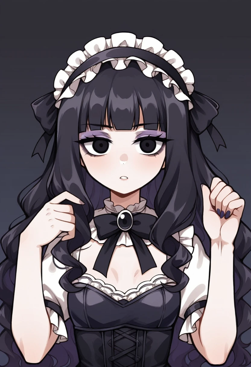 score_9, score_8_up, score_7_up, source_anime, BREAK, (((vigme)))), 1girls, solo, downturned eyes, black eyes, black hair, long hair, wavy hair, bangs, purple eyeshadow, gothic lolita fashion, gothic lolita outfit, headdress, small breasts, thin, tall, pale skin, slender, lanky