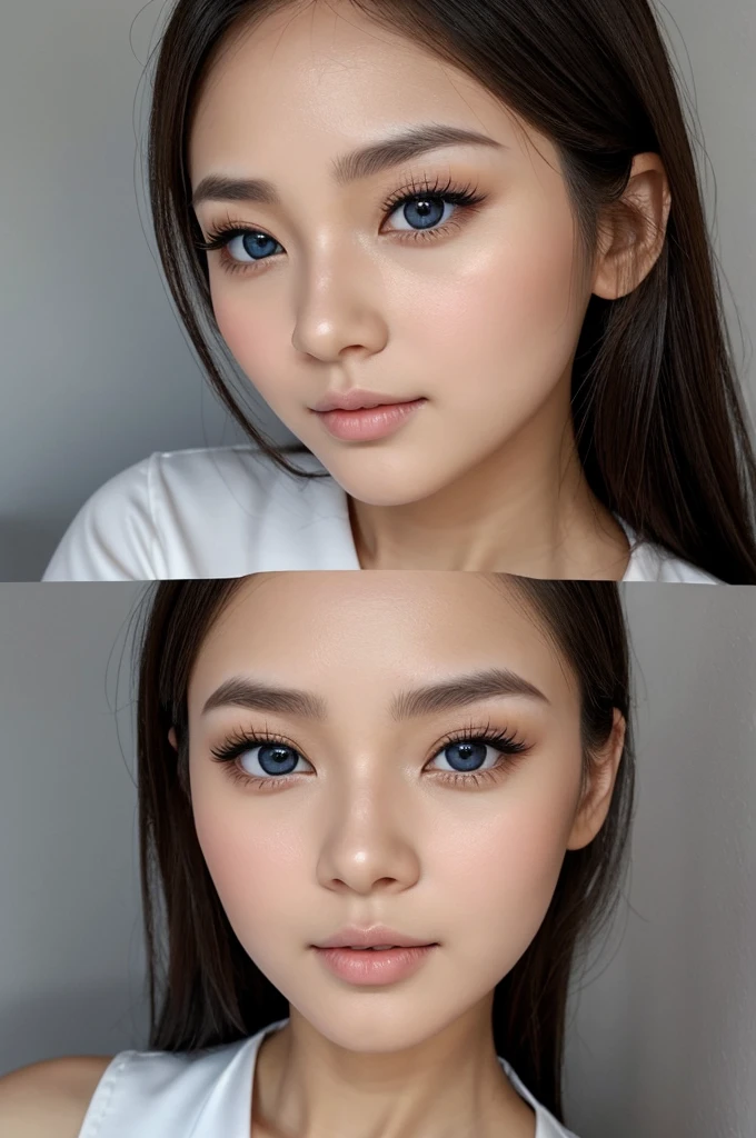 (Face details Breaking down - Best quality:1.2), beautiful woman, single eyelids,Big nose,high nose,high bridge of nose,Fracture of bridge of nose,Danfeng Eyes,single eyelids,thin lips,Close lips,Cute small mouth,thin lips,High nose,Roman nose,pointed nose,Wide nose wings,lone eyelids,with fair skin,Faces are exquisite and perfect,kawai,sing eyelids,Tender and tender eyes,numerical art,Amazing small eyes,Tender thin eyes Eyebrows,orthofacial,frontal makeup,Elongated mouth corners,Elevated mouth corners,Goose egg face,Exquisite and beautiful,small eyes,Danfeng Eyes,Elongated eyes,Sweet little mouth,1 girl, black casual evening dress, White background, Brown hair, American Girl, Blue eyes,