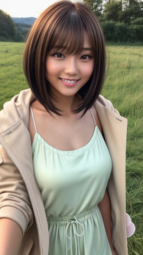product quality, 1 girl, a face close up shot, front view, a Japanese young pretty girl, bob hair, glamorous figure, wearing a parka over a satin yellow camisole, among a grass, with a big smile, hyper cute face, glossy lips, double eyelids for both eyes, natural makeup, shiny smooth light brown bob hair, asymmetrical bangs, tanned skin, central image, high resolution, high detailing, detailed hairstyle, detailed face, cinematic lighting, octane rendering, vibrant, hyper realisitic, perfect limbs, perfect anatomy