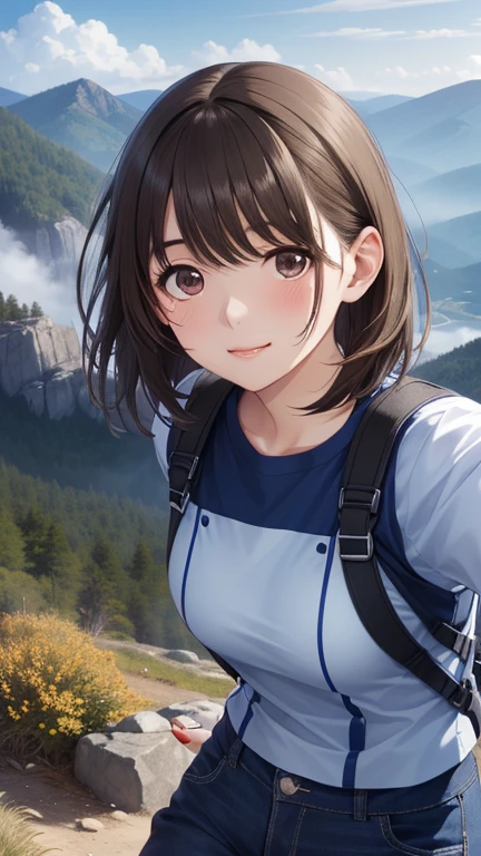 anegasaki nene、Shiny brown hair, short hair, (Beautiful brown eyes、Sparkling eyes, Fine grain)、smile、Super detailedな目、Highly detailed face, Highly detailed eyes,(((Cowboy Shot)))、


masterpiece、Highest quality、High resolution、High-quality images、

Girl hiking on a majestic mountain trail, Wear climbing clothes, Stretching out in the sunlight shining in from the mountaintop, Beautiful earthy landscape background, Evoke a sense of calm、A hopeful and uplifting scene, The focus is on the landscape、Portraits of people are painted on a smaller scale。, (Highest quality, 4K, 8K, High resolution, masterpiece:1.2), Super detailed, (Realistic, photoRealistic, photo-Realistic:1.37), Highly detailed background, Beautiful attention to detail, Beautiful lip detail, Highly detailed eyesと顔, Long eyelashes, Breathtakingly beautiful, Calm, peaceful, Idyllic, Warm Light, Natural Color, Atmospheric, Dramatic lighting, Cinematic, Environmental Portrait