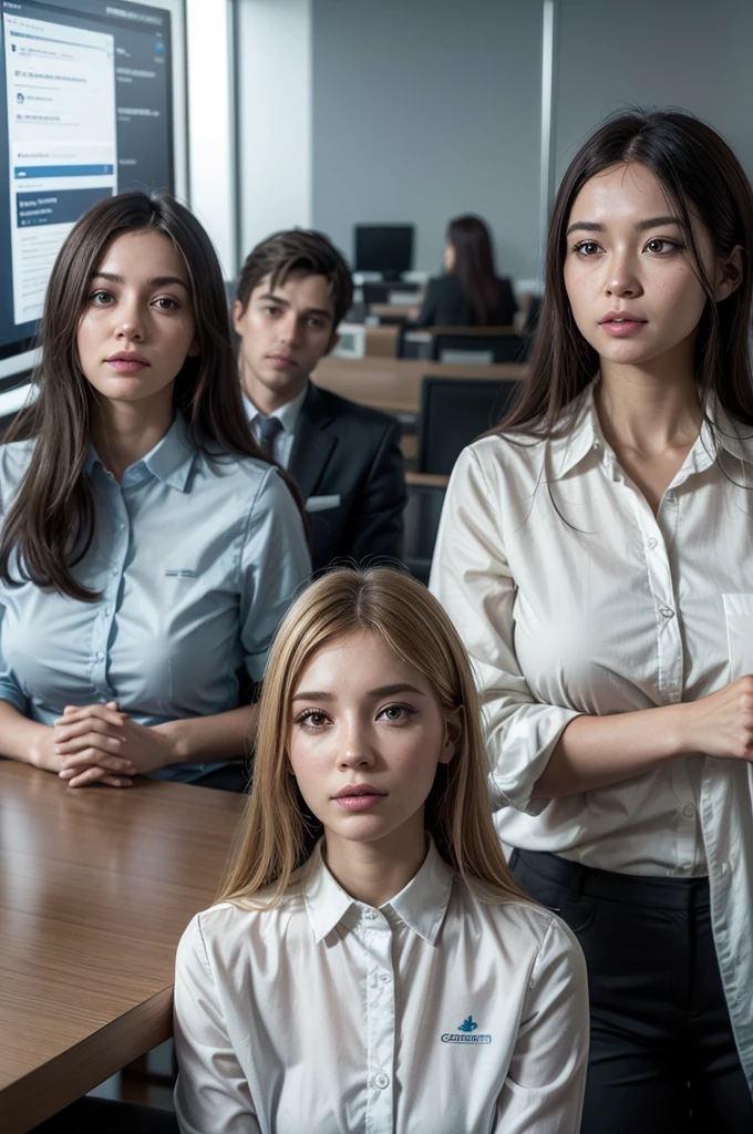 (((Very Realistic))) Employees of a company in a meeting room discussing Corporate Social Responsibility: The relationship between socially responsible practices and business efficiency. Na tela do Monitor, coloque um gráfico com estatísticas positivas. crescente.