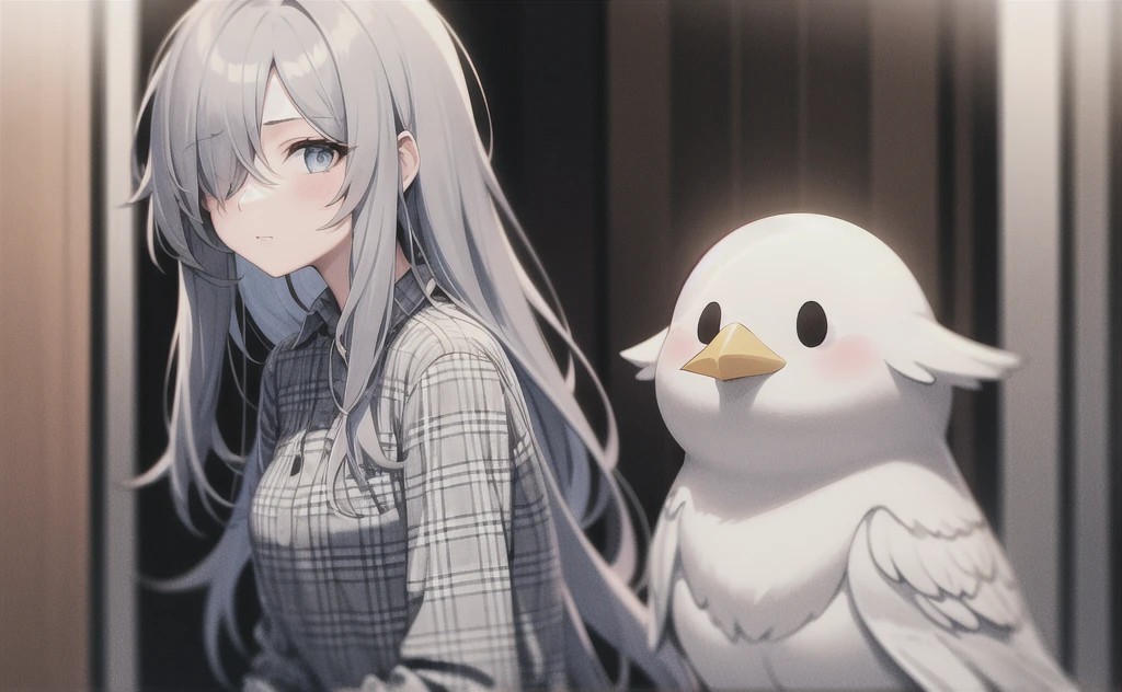 A girl,Gray long hair,Messy hair,Extra long bangs covering one eye,Plaid shirt,Color Shadow,Bird's-eye view,Gray Eyes,Hand Improvement Stretch,Highest quality,beautiful eyes,Fisheye lens,Blurred foreground,Black and white diamond floor tiles,((Color Shadow))