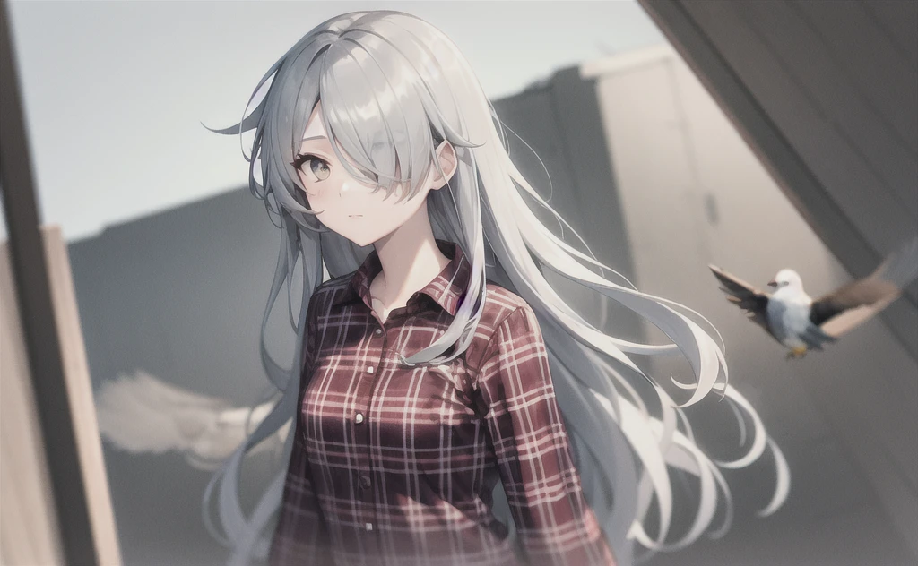 A girl,Gray long hair,Messy hair,Extra long bangs covering one eye,Plaid shirt,Color Shadow,Bird's-eye view,Gray Eyes,Hand Improvement Stretch,Highest quality,beautiful eyes,Fisheye lens,Blurred foreground,Black and white diamond floor tiles,((Color Shadow))
