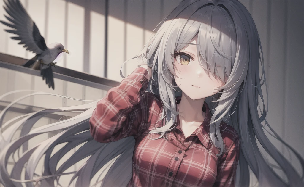 A girl，Gray long hair，Messy hair，Extra long bangs covering one eye，Plaid shirt，Color Shadow，Bird&#39;s-eye view，Gray Eyes，Hand Improvement Stretch，Highest quality，beautiful eyes，Fisheye lens，Blurred foreground，Black and white diamond floor tiles，（（Color Shadow））