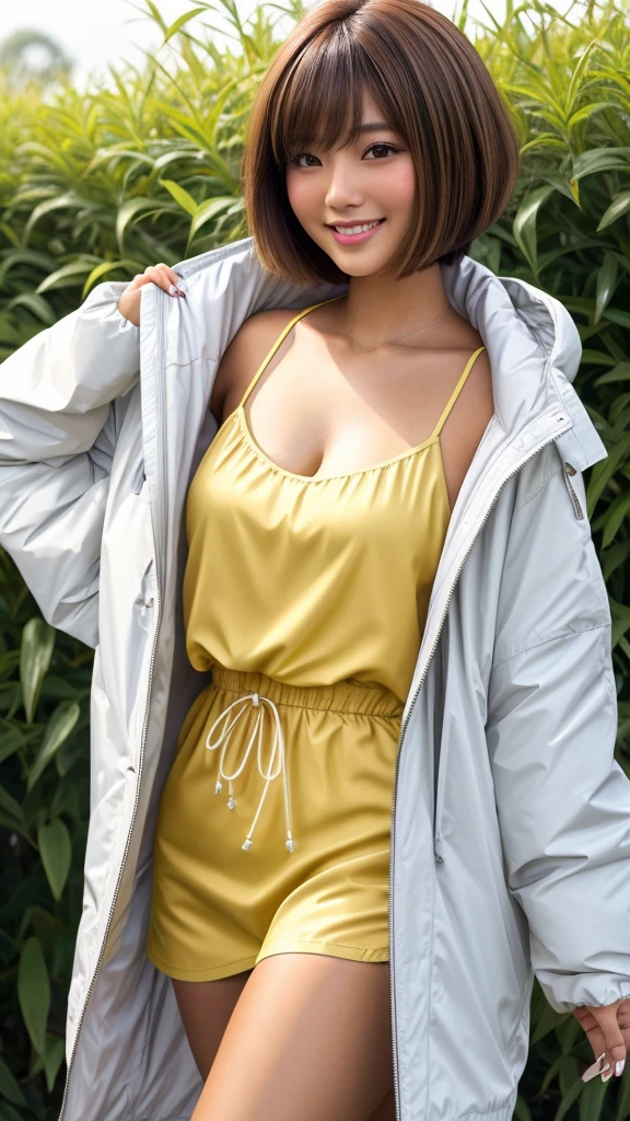 product quality, 1 girl, a face close up shot, front view, a Japanese young pretty girl, bob hair, glamorous figure, wearing a parka over a satin yellow camisole, among a grass, with a big smile, hyper cute face, glossy lips, double eyelids for both eyes, natural makeup, shiny smooth light brown bob hair, asymmetrical bangs, tanned skin, central image, high resolution, high detailing, detailed hairstyle, detailed face, cinematic lighting, octane rendering, vibrant, hyper realisitic, perfect limbs, perfect ???????