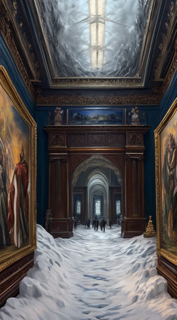 museum, the painting on the wall represents a blizzard, the hall in the museum is full, full of snow falling from the painting on the museum making a blizzard that is on the wall