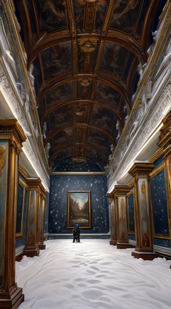 museum, the painting on the wall represents a blizzard, the hall in the museum is full, full of snow falling from the painting on the museum making a blizzard that is on the wall