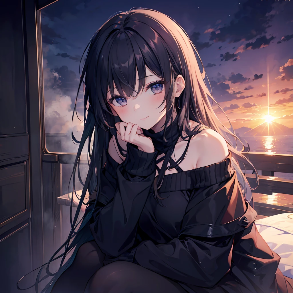 (Dark Scene, Soft lighting, High saturation):1.4, Vivid lighting, Enchanting elegance, Atmospheric Depth, Great technology, Naturalistic representation, Harmonious composition, Creative refinement, Striking contrast,
(One Girl, Young Beauty), Sitting, smile, View your audience, From above, Sharp focus, Extra Large_sweater, shoulder,
((sunset)),Volumetric Fog, Outdoor, Backlight