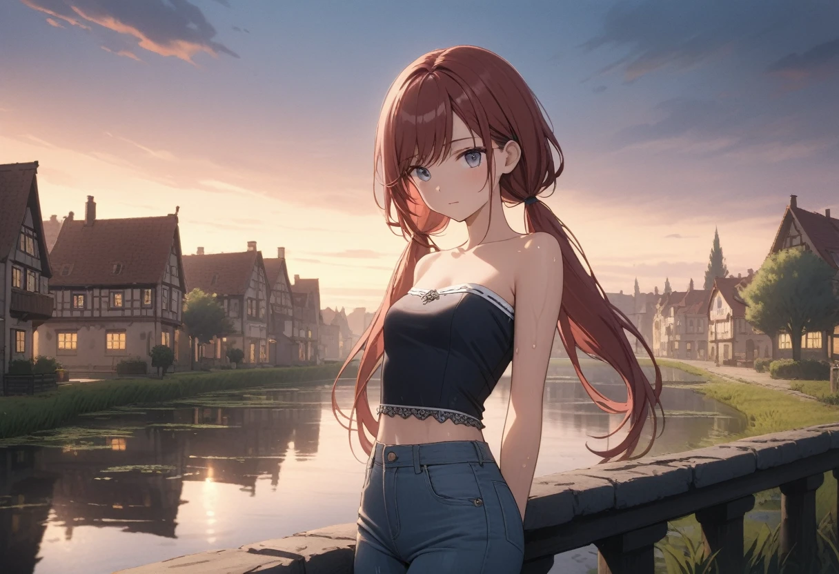 ((Masterpiece)), ((best quality)), (Anime:1.3), (super detail:1.2), (High Definition:1.3), (Professional Photography:1.3), (wide shot), (very aesthetic:1.2), (absurdres:1.2), (sharp focus), (perfect light), 8K, Glossy skin, wet skin, wet clothes, cinematic lighting, 1 young woman, (strapless dark blue shirt with white trim), (jeans), toned arms, small breast, dark red hair in low twin tails, (gray eyes, swept bangs), stoic, collarbones, Hair that flutters in the wind, BREAK, ((best quality)), (very aesthetic:1.2), (absurdres:1.2), (Leaning against the decorated low Parapet), (dusk, European town, swamp, willow trees), sunset, clouds, drizzle, Beautiful Adriatic Sea,