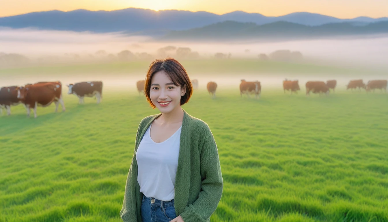 beautiful scenery, 8K Top Quality, Vivid picture quality, 1 woman, Beautiful 36-year-old Korean woman, Chest size 34 inches, Model-level beautiful woman, Smile. Napa Valley, California, USA, dawn, An endless green meadow in the distant fog, Cows graze on a pasture in thick fog. Red sunshine, The background is realistic and vivid quality.., short medium bob hair, White t-shirt that goes up to the neck , thick and short cardigan, casual pants, Perfect and realistic photos, The background is realistic.. Full body shot with Canon camera 16-35 wide angle lens