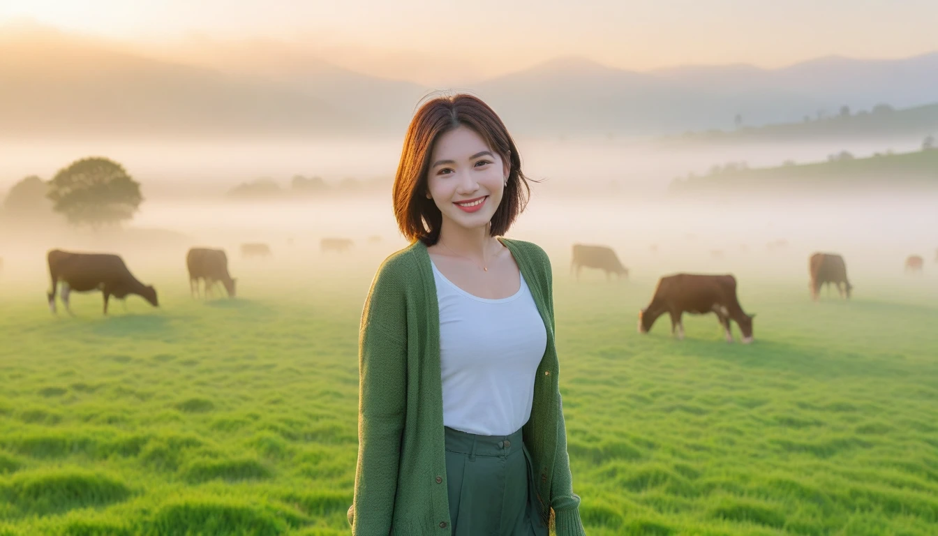 beautiful scenery, 8K Top Quality, Vivid picture quality, 1 woman, Beautiful 36-year-old Korean woman, Chest size 34 inches, Model-level beautiful woman, Smile. Napa Valley, California, USA, dawn, An endless green meadow in the distant fog, Cows graze on a pasture in thick fog. Red sunshine, The background is realistic and vivid quality.., short medium bob hair, White t-shirt that goes up to the neck , thick and short cardigan, casual pants, Perfect and realistic photos, The background is realistic.. Full body shot with Canon camera 16-35 wide angle lens