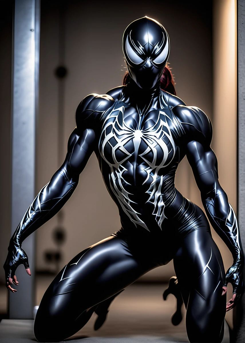 cinematic still of woman in she-venom costume cosplay, full body pose, from a movie, uberfit, muscular, athletic