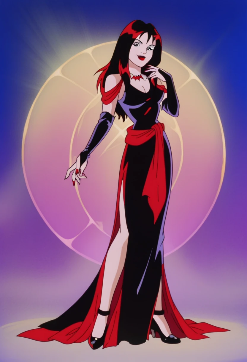 score_9, score_8_up, score_7_up, zPDXL, Thornhex, black hair, red highlights , SD90style, retro artstyle, source_cartoon, 2D, 1girl, red nails, blue eyes, red lips, black dress, long hair, looking at viewer, breasts, lipstick, makeup, full body, smile 