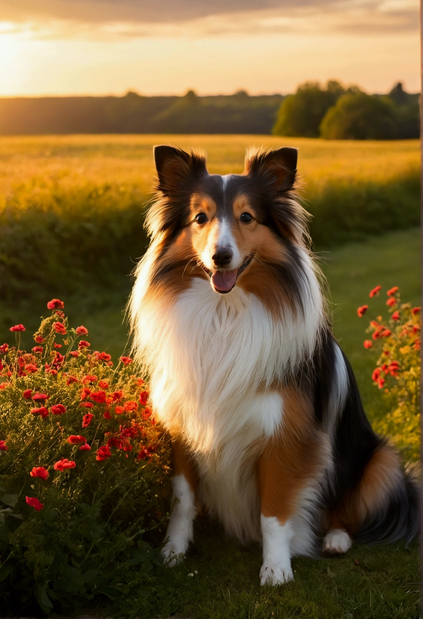 cottage on the meadow.
romance. Loving couple.
sheltie dog love, sun, nature, joy.
