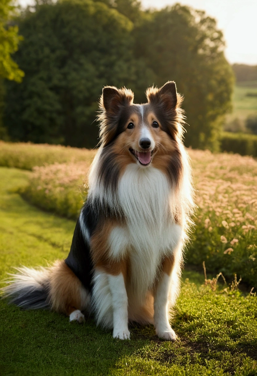 cottage on the meadow.
romance. Loving couple.
sheltie dog love, sun, nature, joy.