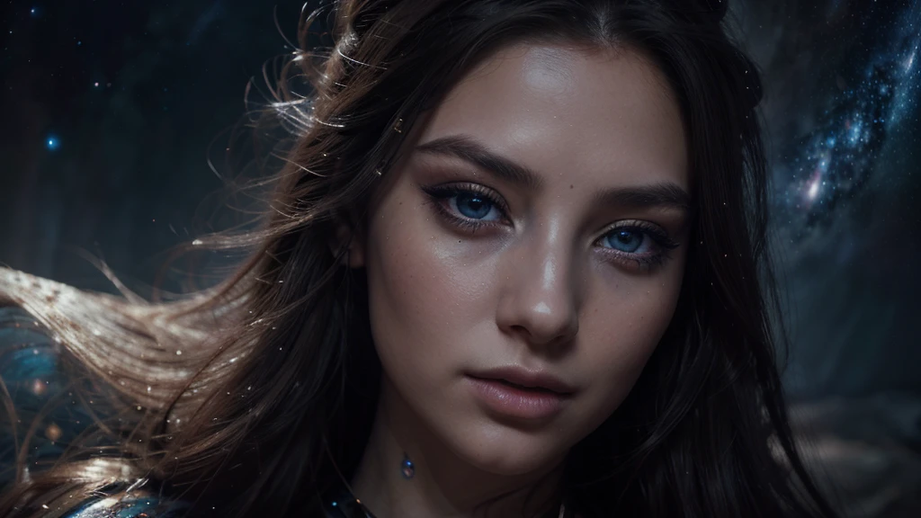 a detailed portrait of a girl in starry space, beautiful detailed eyes,beautiful detailed lips,extremely detailed eyes and face,longeyelashes,elegant expression,ethereal beauty,flowing hair,galaxy background,cosmic scenery,dark moody colors,dramatic lighting,highly detailed,intricate,photorealistic,cinematic,mystical,fantasy,sci-fi,concept art
