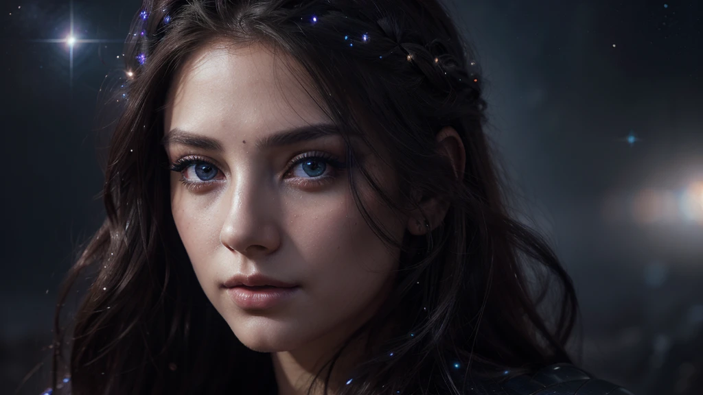 a detailed portrait of a girl in starry space, beautiful detailed eyes,beautiful detailed lips,extremely detailed eyes and face,longeyelashes,elegant expression,ethereal beauty,flowing hair,galaxy background,cosmic scenery,dark moody colors,dramatic lighting,highly detailed,intricate,photorealistic,cinematic,mystical,fantasy,sci-fi,concept art