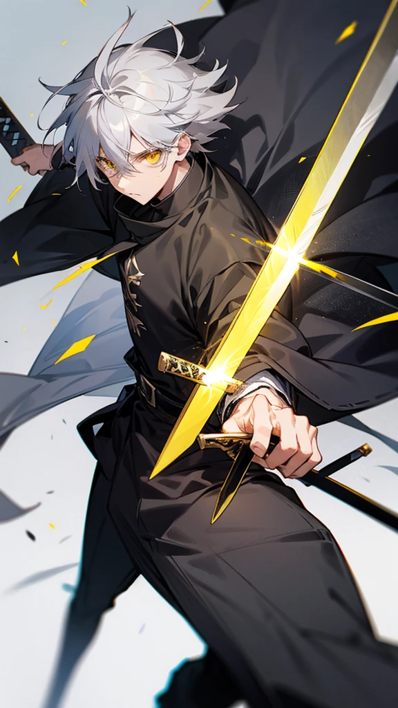 Male character gray hair and yellow eyes and black clothes and swords