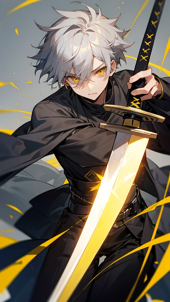 Male character gray hair and yellow eyes and black clothes and swords 