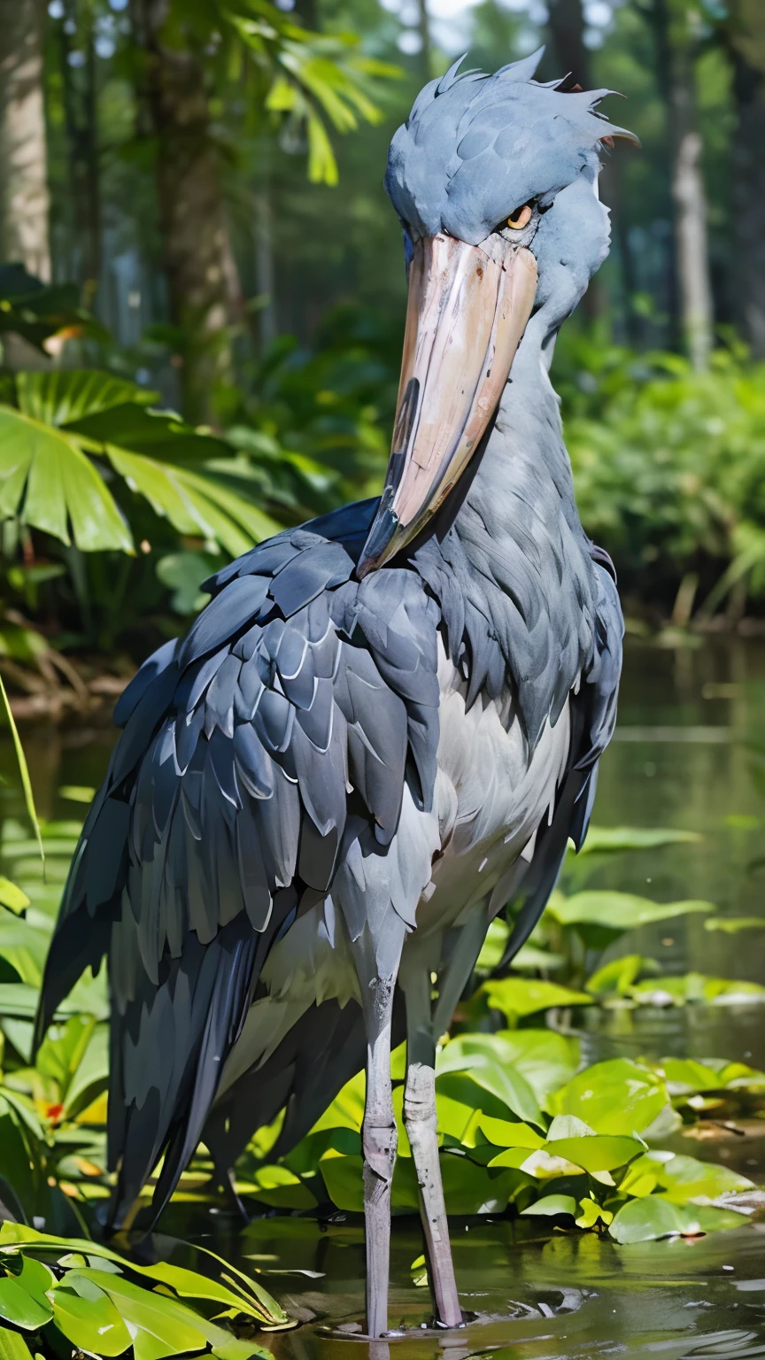 RAW Photos、Highest quality、ultra High resolution、High resolution、masterpiece:1.3、shoebill stork、Sharp Eyes、Aiming for prey、Dense forest、Swamp、