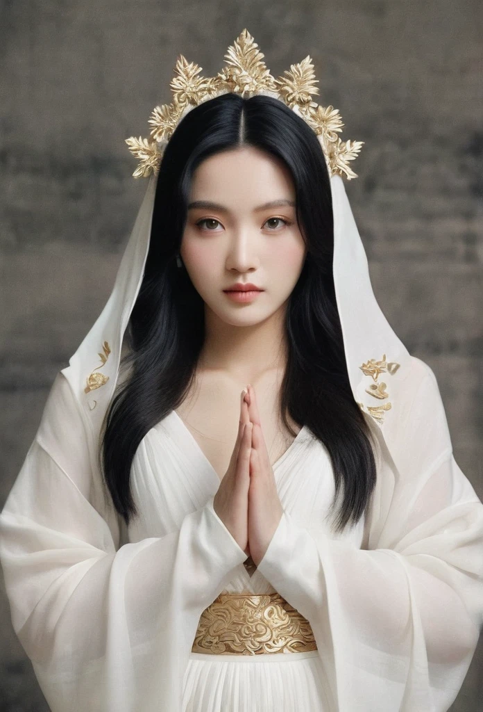 Beauty，Black hair，Black eyes，white gauze skirt，front，symmetry，Hands together，Bodhisattva shape，Clean background，masterpiece,