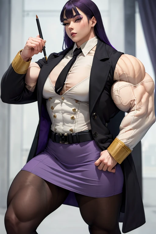 ((Massive, beautiful, buff, pale white skinned muscular asian woman with violet purple hair, black eyes, black lipstick, ginormous bulky muscles)), ((close view)), ((((long sleeve military overcoat)))), ((long sleeve military overcoat)), necktie, blazer, ((((military officer uniform)))), (((waistcoat))), (((military officer uniform))), (((pencil skirt))), (((pencil skirt))), tie clip, pocket square, cloves, (pantyhose), high heels, (close view), (massive muscles), hyper muscles, long hair with long bangs, in a military base,