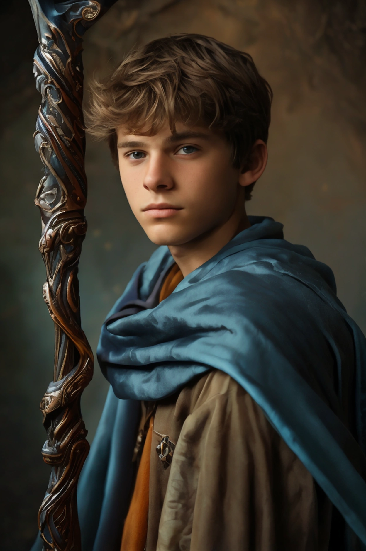 Realistic photo of solo handsome age men ,Standing In front of an magical land ,holding a wizard staff