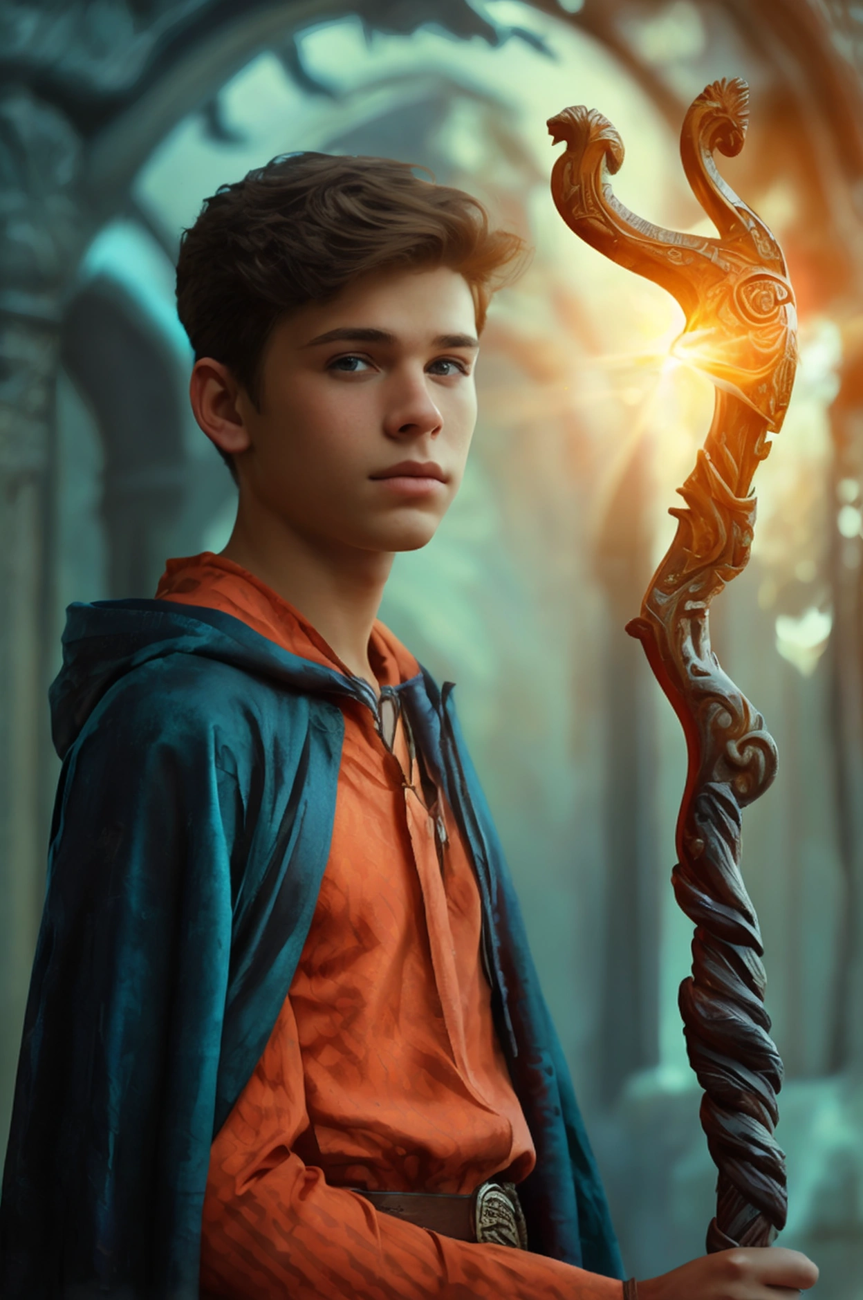 Realistic photo of solo handsome age men ,Standing In front of an magical land ,holding a wizard staff