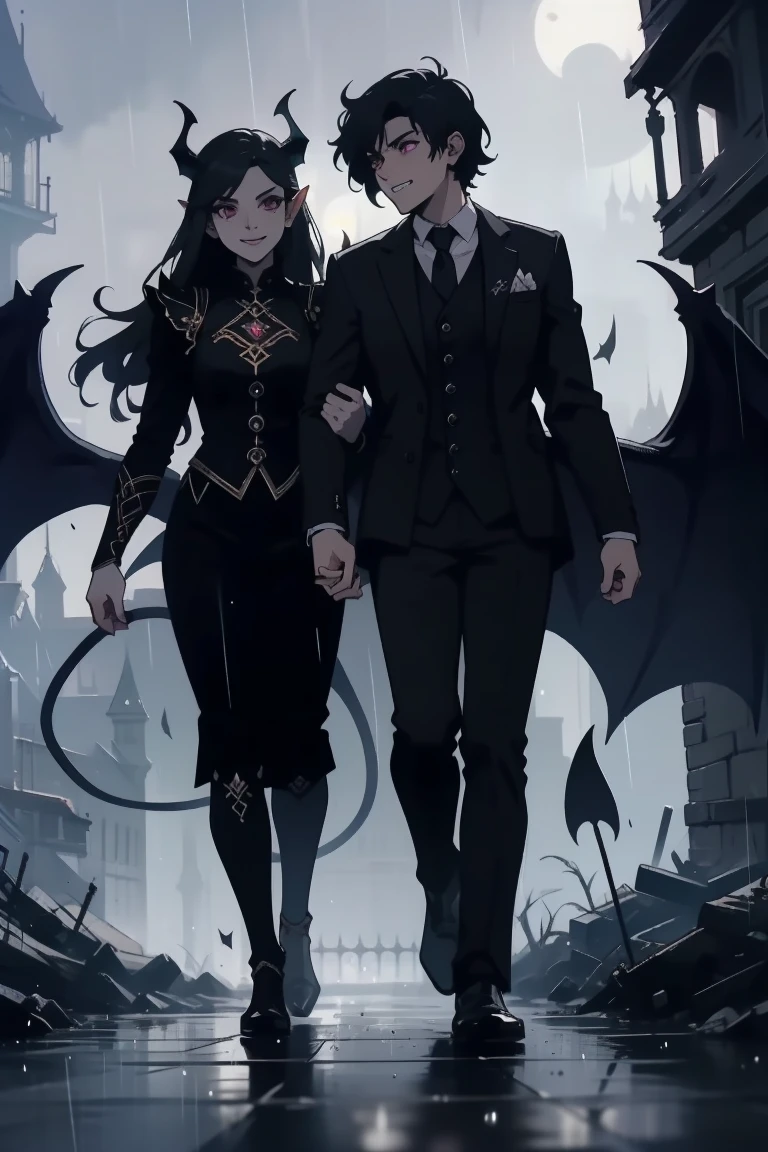 (outside, scary castle, raining, evening, soft light, dim lit, moody vibe, horror \(theme\), ), (insanely detailed, beautiful detailed face, masterpiece, best quality), 1girl, succubus, demon girl, mature female, black hair, pink eyes, grin, smirk, demon horns, black tail, black demon wings, whole body, walking on the ground, tiefling.