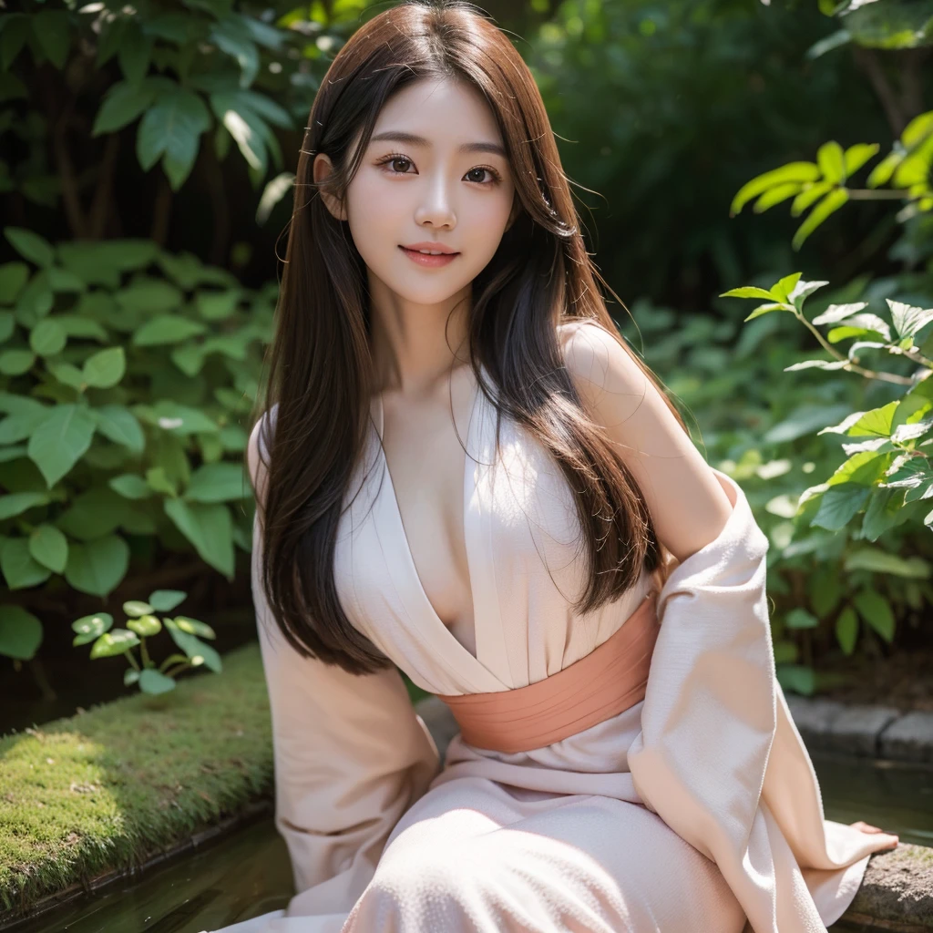 
best quality soft light, ultra high RAW photo, 1 japanese girl, solo,detailed beautiful face, (big chest),(high resolution detail of human skin texture), (long hair),outdoor , red long japanese Dress, (portrait)beautiful big eyes ,small lip,slim body, cute smile
