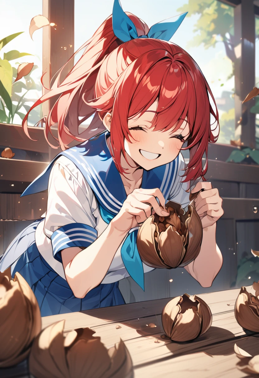 Girl, red hair, ponytail, smile, sailor suit, cracking walnut shells with bare hands,