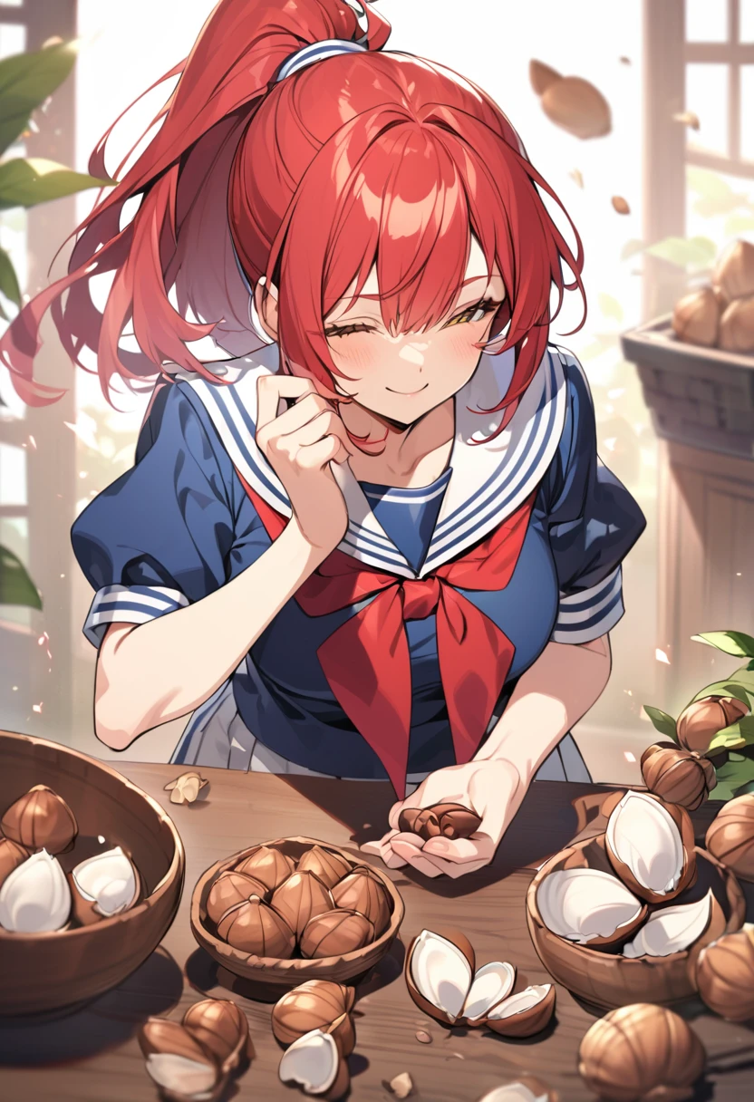 Girl, red hair, ponytail, smile, sailor suit, cracking walnut shells with bare hands,