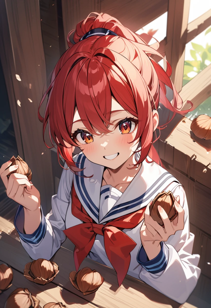Girl, red hair, ponytail, smile, sailor suit, cracking walnut shells with bare hands,
