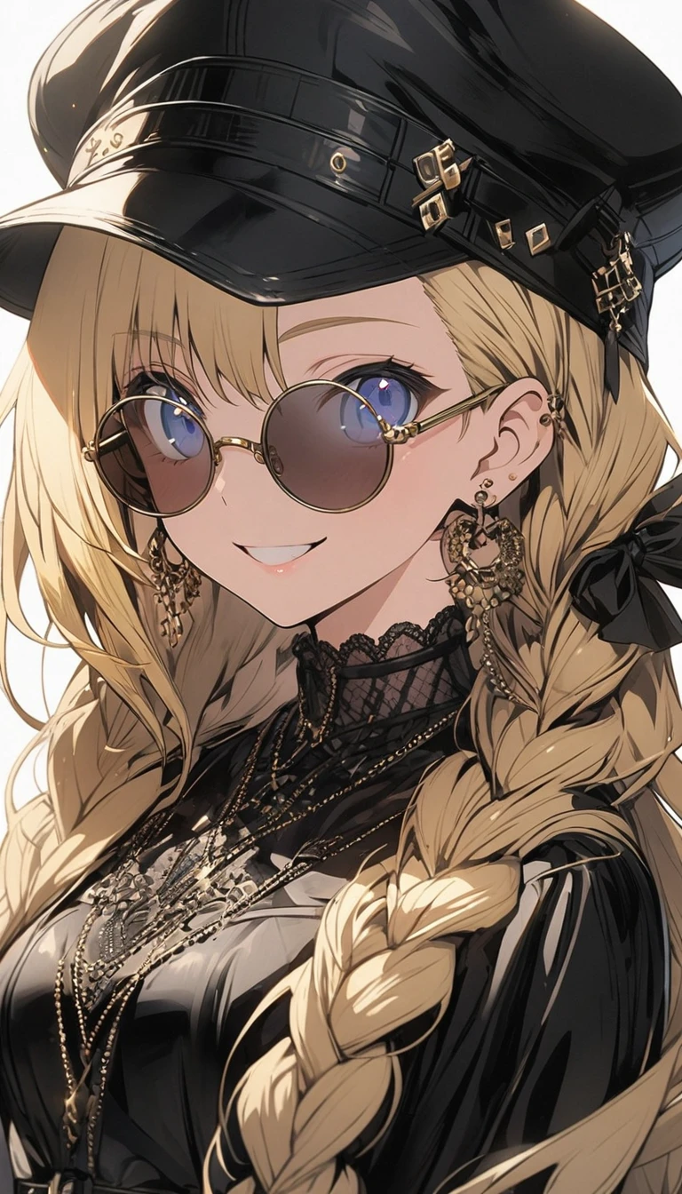 anime character wearing a hat and gloves with sunglasses wearing a dress with long black hair, 1girl, solo, hat, jewelry, long hair, looking at viewer, smile, earrings, blue eyes, white background, braid, blonde hair, upper body, glasses, black headwear, simple background