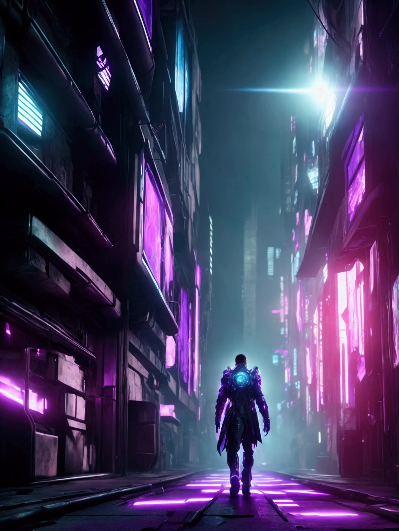 A  man walking forward quickly, rays of purple light, visual effects around, perfect quality, cyberpunk style
